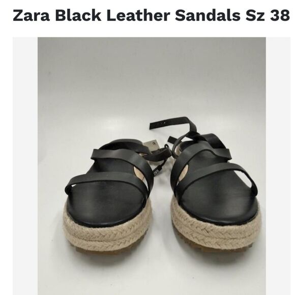 NWT Zara Abierto Tac Heel Black Leather Espadrille Sandal size 38 US 7.5 - Picture 1 of 12